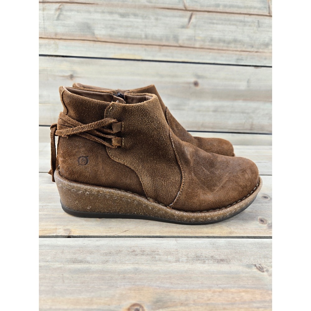 Born Vaughn Brown Suede Ankle Boots Leather Tassel Wedge Booties Womens 8.5/39
